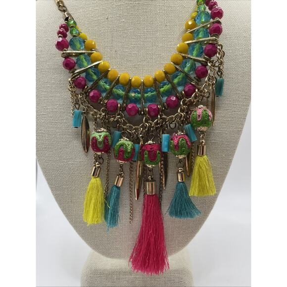 Ethnic Boho Bead Fabric Statement Necklace Fringe Tassel Earrings Gold Tone - Picture 6 of 10